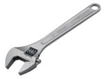 A Faithfull adjustable spanner with a smooth-jaw jaw opening controlled by a worm-gear wheel, suitable for a range of nut sizes.