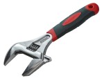 A Faithfull adjustable spanner with a smooth-jaw jaw opening controlled by a worm-gear wheel, suitable for a range of nut sizes.