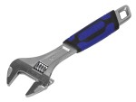 A Faithfull adjustable spanner with a smooth-jaw jaw opening controlled by a worm-gear wheel, suitable for a range of nut sizes.