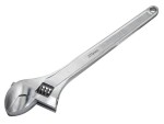 A Faithfull adjustable spanner with a smooth-jaw jaw opening controlled by a worm-gear wheel, suitable for a range of nut sizes.