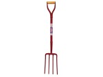 A Faithfull garden fork with four hardened steel tines and a wooden handle, for breaking up soil and lifting root vegetables.