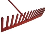 A Faithfull garden rake with multiple hardened steel tines and a long wooden handle, for levelling soil and clearing debris.