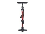 A red and black floor bicycle pump with a T-shaped handle, pressure gauge, and footrest, shown standing upright against a white background.
