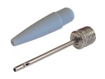 A metal ball pump needle with a threaded end next to a gray plastic protective cap, both lying on a white background.
