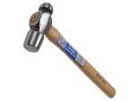 A ball pein hammer with a flat striking face and a hemispherical pein, used in metalworking for riveting and shaping.