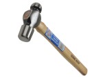 A ball pein hammer with a flat striking face and a hemispherical pein, used in metalworking for riveting and shaping.