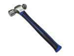 A ball pein hammer with a flat striking face and a hemispherical pein, used in metalworking for riveting and shaping.
