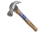 A claw hammer with a wooden handle and a polished steel head featuring a straight claw for nail removal and a flat striking face.,