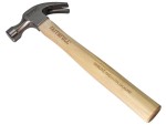 A claw hammer with a wooden handle and a polished steel head featuring a straight claw for nail removal and a flat striking face.,