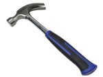 A claw hammer with a steel-handled handle and a polished steel head featuring a straight claw for nail removal and a flat striking face.,