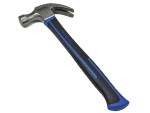 A claw hammer with a fibreglass handle and a polished steel head featuring a straight claw for nail removal and a flat striking face.,