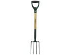 A Faithfull garden fork with four hardened steel tines and a wooden handle, for breaking up soil and lifting root vegetables.
