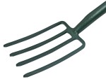 A Faithfull garden fork with four hardened steel tines and a wooden handle, for breaking up soil and lifting root vegetables.