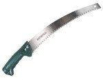 A pruning saw with a curved, hardened blade and an ergonomic handle, for cutting green timber, branches, and shrubs.