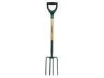 A Faithfull garden fork with four hardened steel tines and a wooden handle, for breaking up soil and lifting root vegetables.
