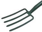 A Faithfull garden fork with four hardened steel tines and a wooden handle, for breaking up soil and lifting root vegetables.