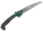 A pruning saw with a curved, hardened blade and an ergonomic handle, for cutting green timber, branches, and shrubs.