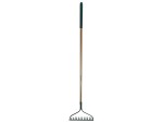 A Faithfull garden rake with multiple hardened steel tines and a long wooden handle, for levelling soil and clearing debris.