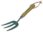 A Faithfull garden fork with four hardened steel tines and a wooden handle, for breaking up soil and lifting root vegetables.