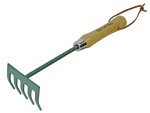 A Faithfull garden rake with multiple hardened steel tines and a long wooden handle, for levelling soil and clearing debris.