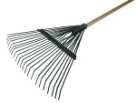 A Faithfull garden rake with multiple hardened steel tines and a long wooden handle, for levelling soil and clearing debris.