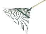 A Faithfull garden rake with multiple hardened steel tines and a long wooden handle, for levelling soil and clearing debris.