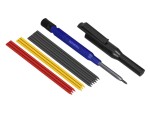 A marking tool with a hardened scribing tip or pencil lead, used for accurately marking cut lines on timber, metal, and masonry.