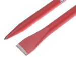 A hardened steel chisel with a bevelled cutting edge and a square-section body, for cutting stone, brick, or timber.