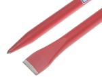 A hardened steel chisel with a bevelled cutting edge and a square-section body, for cutting stone, brick, or timber.