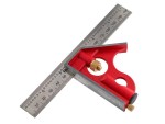A Faithfull combination square with a graduated steel blade, a removable stock, a built-in level vial, and a scribe, for layout and checking angles.