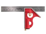 A Faithfull combination square with a graduated steel blade, a removable stock, a built-in level vial, and a scribe, for layout and checking angles.
