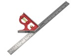 A Faithfull combination square with a graduated steel blade, a removable stock, a built-in level vial, and a scribe, for layout and checking angles.