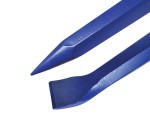 A hardened steel chisel with a bevelled cutting edge and a square-section body, for cutting stone, brick, or timber.