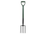 A Faithfull garden fork with four hardened steel tines and a wooden handle, for breaking up soil and lifting root vegetables.