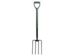 A Faithfull garden fork with four hardened steel tines and a wooden handle, for breaking up soil and lifting root vegetables.