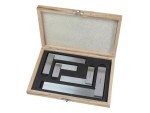 A wooden box with foam padding containing a set of metal engineers squares of various sizes, arranged neatly inside the box.