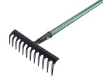 A Faithfull garden rake with multiple hardened steel tines and a long wooden handle, for levelling soil and clearing debris.