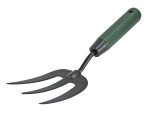 A Faithfull garden fork with four hardened steel tines and a wooden handle, for breaking up soil and lifting root vegetables.