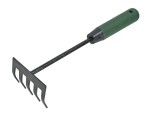 A Faithfull garden rake with multiple hardened steel tines and a long wooden handle, for levelling soil and clearing debris.