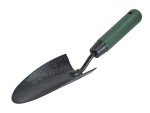 A Faithfull trowel with a polished steel blade and an ergonomic handle, for applying and finishing mortar, plaster, and adhesive.