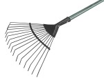 A Faithfull garden rake with multiple hardened steel tines and a long wooden handle, for levelling soil and clearing debris.