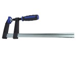A Faithfull sash clamp with a long steel bar, a fixed jaw, and a sliding adjustable tail stop, for clamping wide assemblies during gluing.
