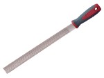 A Faithfull round file with a hardened steel abrasive surface and a turned wooden or synthetic handle, for shaping and deburring metal.