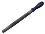 A Faithfull second-cut round file with a hardened steel abrasive surface and a turned wooden or synthetic handle, for shaping and deburring metal.