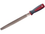 A Faithfull second-cut round file with a hardened steel abrasive surface and a turned wooden or synthetic handle, for shaping and deburring metal.