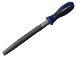 A Faithfull second-cut round file with a hardened steel abrasive surface and a turned wooden or synthetic handle, for shaping and deburring metal.