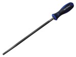 A Faithfull second-cut round file with a hardened steel abrasive surface and a turned wooden or synthetic handle, for shaping and deburring metal.