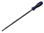 A Faithfull second-cut round file with a hardened steel abrasive surface and a turned wooden or synthetic handle, for shaping and deburring metal.