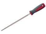 A Faithfull second-cut round file with a hardened steel abrasive surface and a turned wooden or synthetic handle, for shaping and deburring metal.