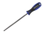 A Faithfull second-cut round file with a hardened steel abrasive surface and a turned wooden or synthetic handle, for shaping and deburring metal.